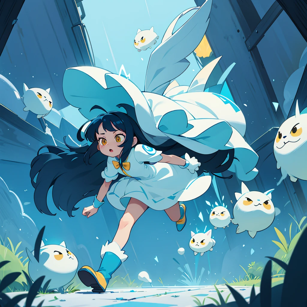 a black , with long, voluminous blue hair, yellow eyes, a white dress and blue boots make her run after a furry white rabbit