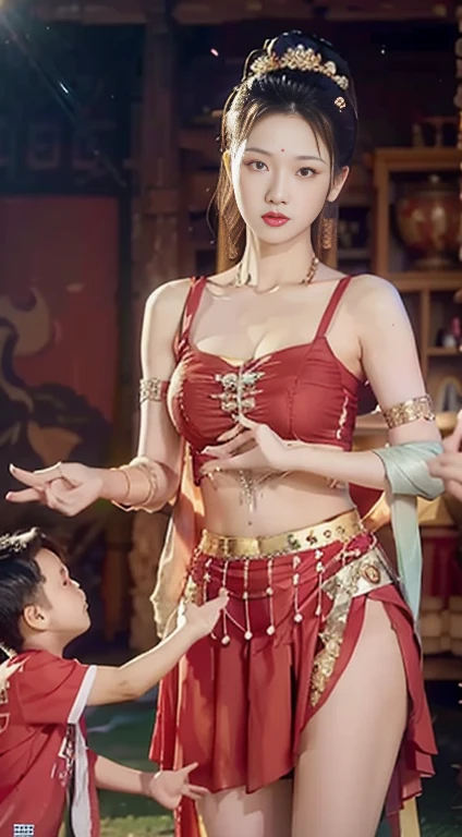 (8k, RAW photo, best quality, masterpiece:1.2), (realistic, photo-realistic:1.4), (extremely detailed CG unity 8k wallpaper), (1 girl:1.5), Western beauty, (Red clothes: 1.4), red spots on forehead, pale skin, blush, big eyes, full body, thighs, open navel, gold waist chain, gold jewelry, flying ribbons, particles, background is Loulan ancient city, ancient city wall, desert, dance, dunhuang_dress, dunhuang_style,absurd fantasy, tall fitness busty blonde cheerleader Dallas texas sweetheart 25 years old woman showing tits to boy at field , mom motivating son before match, sport wearing, mom wearing micro miniskirt, big tits in air, mom hugging small son motivating him topless, mom encouraging son with tits in the stadium,, topless mom and small son  , tall fitness busty blonde cheerleader 25 years old woman showing tits to boy at home , mom motivating son before match, sport wearing, mom wearing micro miniskirt, big tits in air, mom hugging small son motivating him topless, mom encouraging son with tits into the stadium,