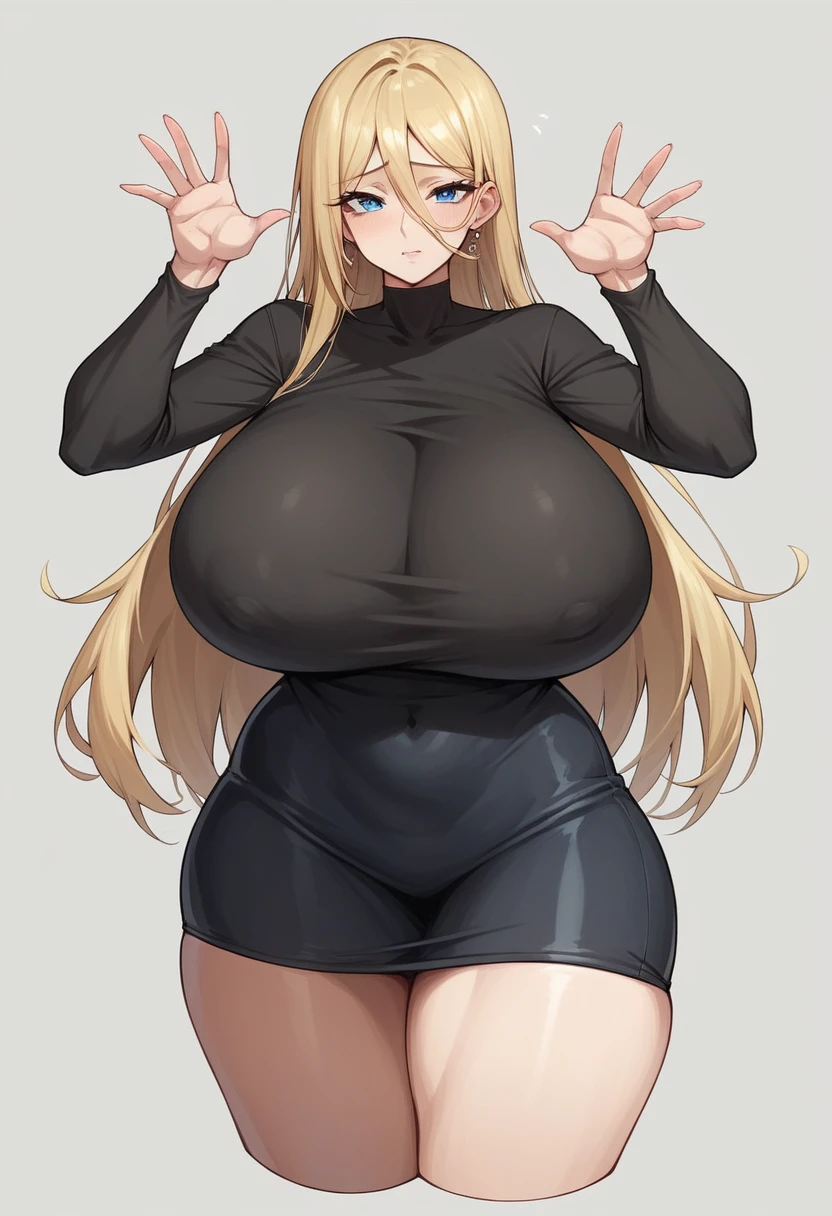 milf, Workwear, 40 year old adult,expression would be boring, blue eyes, long blonde hair, giant tits ,huge thighs,giant breasts,black long sleeve shirt, stretched buttons about to break, Precion in a black shirt with giant huge tits, tight short black skirt, excessively huge tits, massive size breasts 