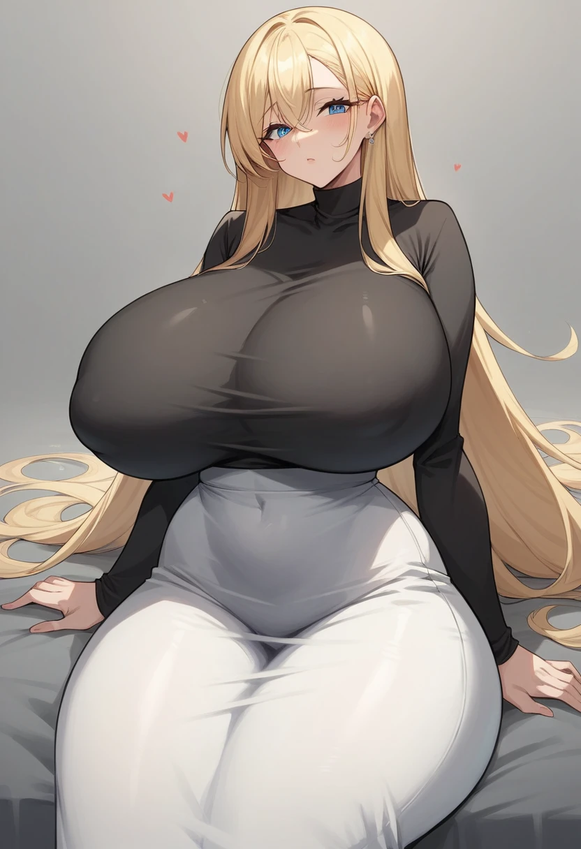 milf, Workwear, 40 year old adult,expression would be boring, blue eyes, long blonde hair, giant tits ,huge thighs,giant breasts,black long sleeve shirt, stretched buttons about to break, Precion in a black shirt with giant huge tits, tight short black skirt, excessively huge tits, massive size breasts 