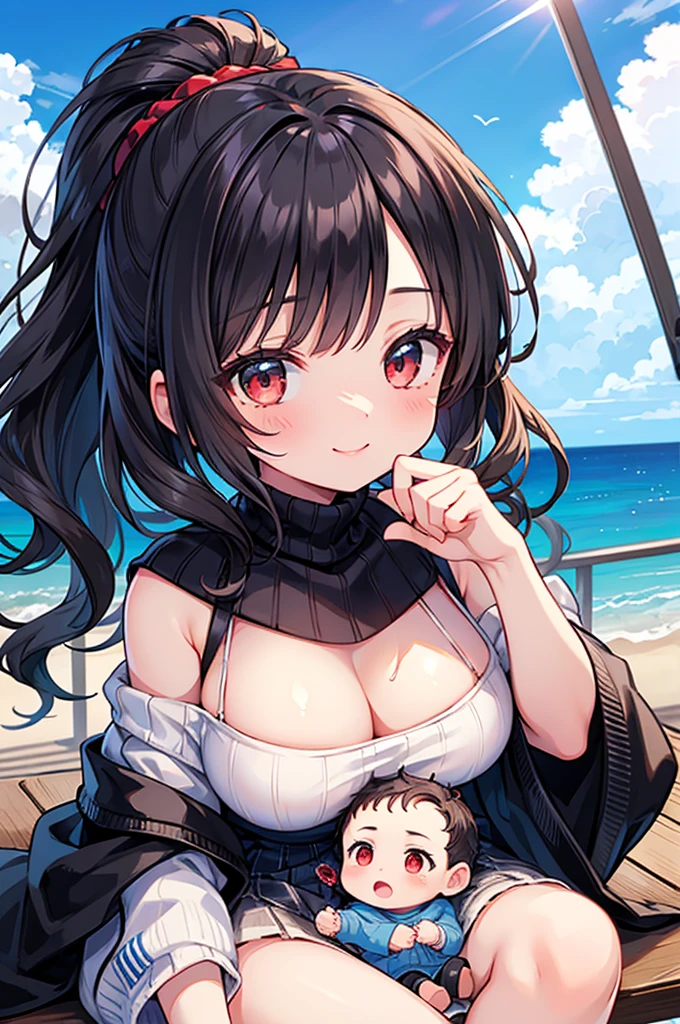 Fantasy,((Masterpiece)),((high resolution)),((Best Quality)),Anime illustration,((1girl)),(wavy hair),(short hair),(black hair color),small ponytail,Red eyes,(Big round eyes),((tareme)),((child)),,((baby face)),((very big breasts)),Short stature,Young,,,Off-the-shoulder sweater,maxi skirt,smile,Ladylike,blue sky,