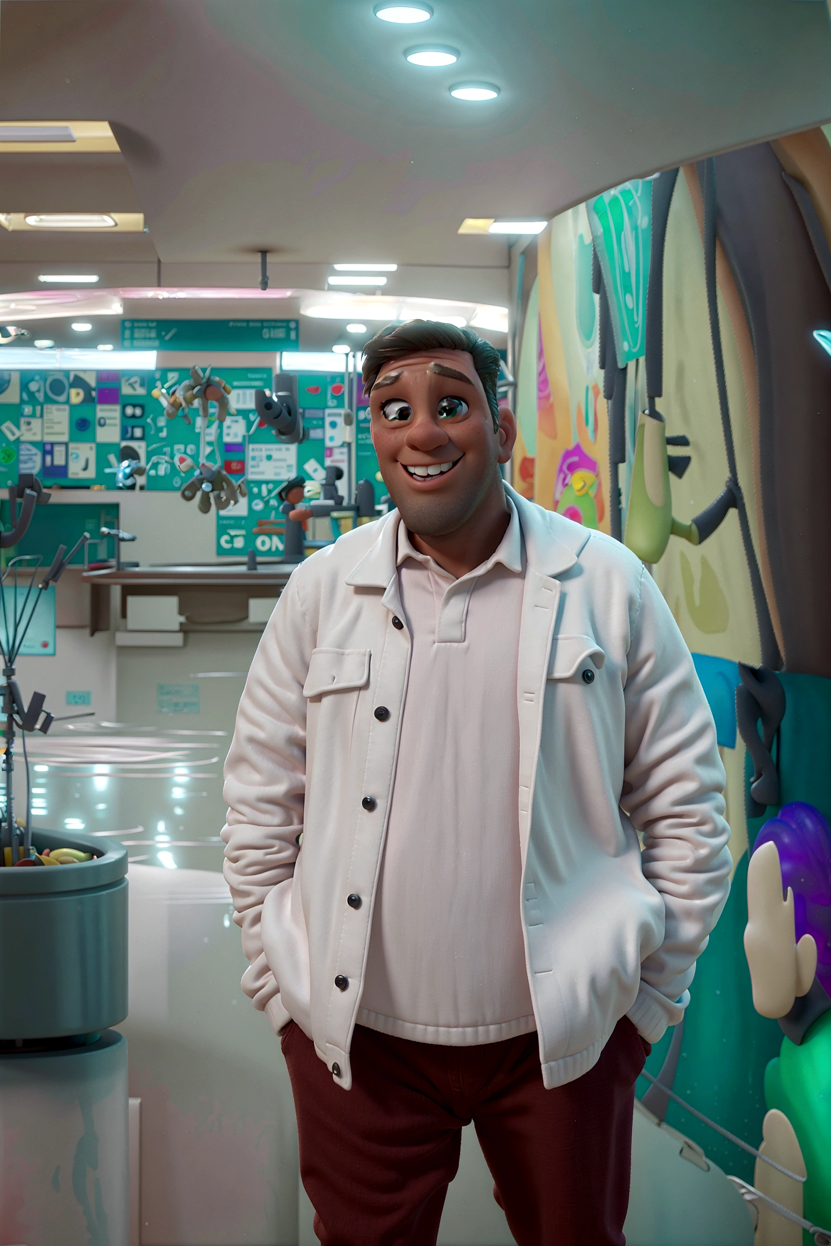 a man disney pixar style, high qualiy, best quality, with a pixar city in the background