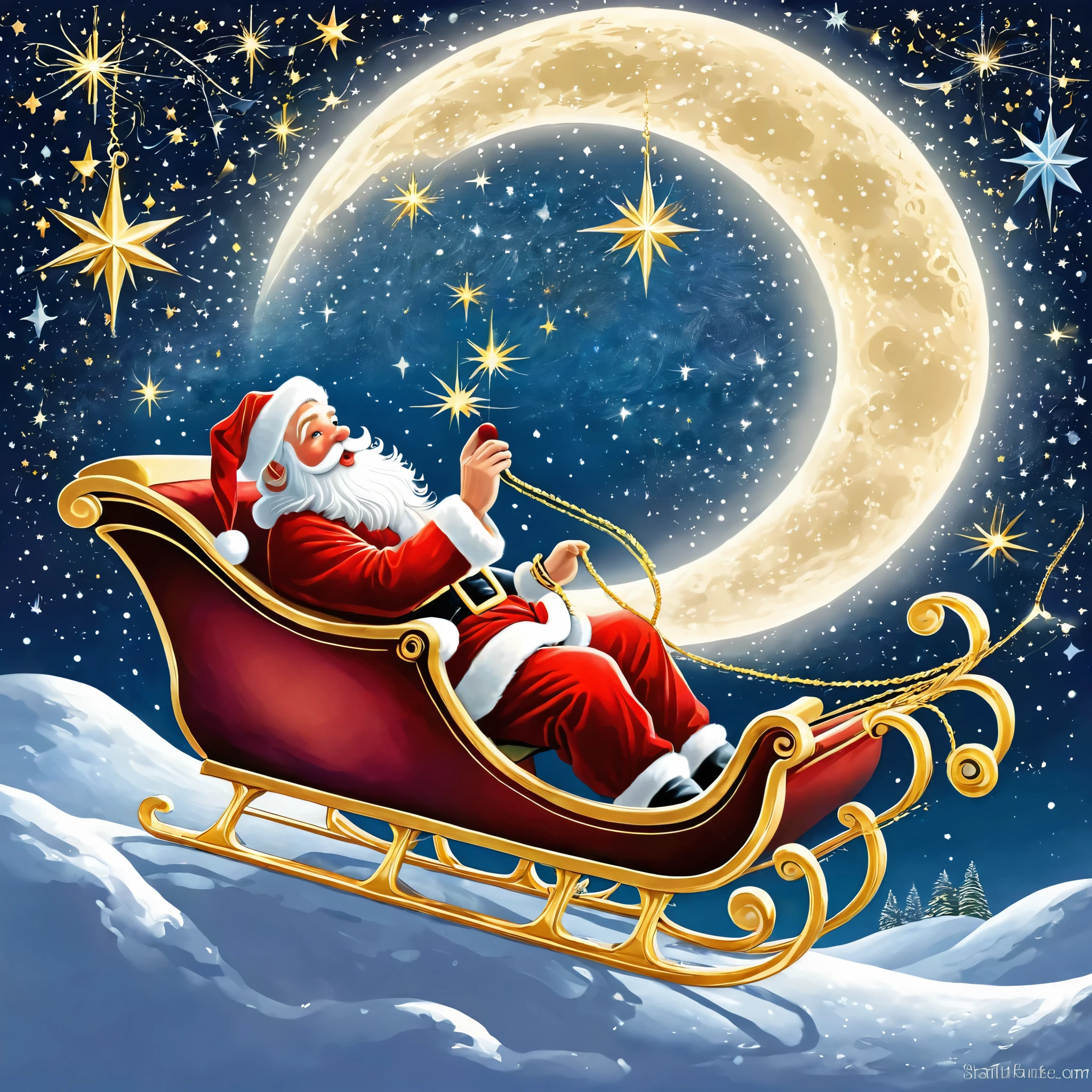 Illustrate Santa Claus flying through a starry, moonlit sky, with his sleigh leaving a trail of stardust. The world below should be in peaceful slumber