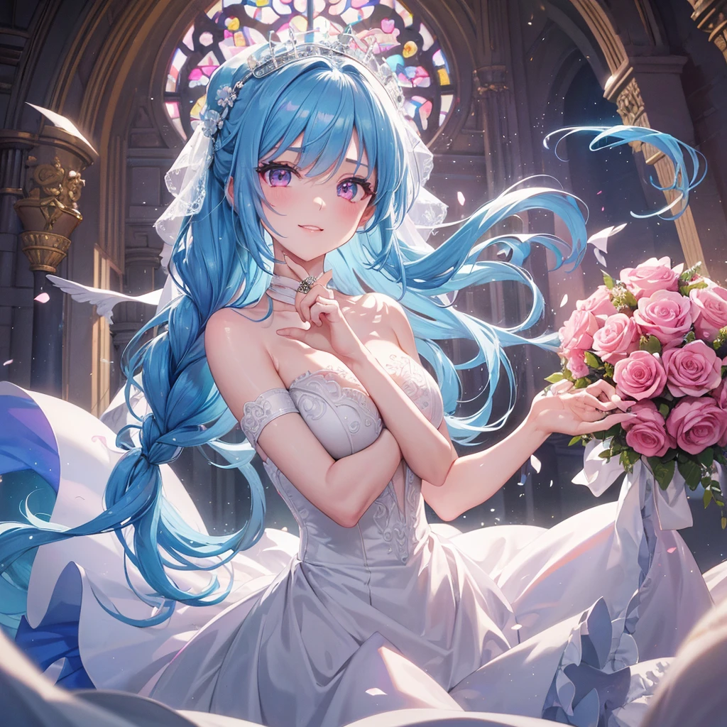 Sky blue hair, (Braided Ponytail),(Pink Eyes),Fair skin ,(whole body),(One girl),bride,A big smile,Straight bangs, 6月のbride,Wedding dress,(masterpiece, Highest quality, Very detailed, Best Shadow), (Detailed Background), (Beautifully detailed face), High Contrast, (Best lighting, Very delicate and beautiful), ((Cinematic Light)), colorful, Hyper Detail, Dramatic Light, Intricate details,Chapel background,Bouquet of roses,Ring on left ring finger,