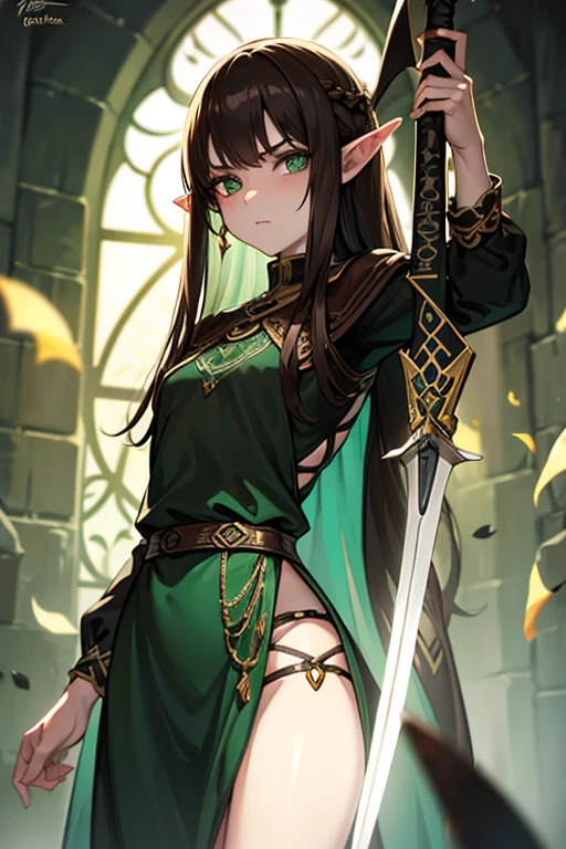 Young elven woman, pale skin, brown hair, a green eyes,  black clothes, small, dark fantasy, long ears, bladedancer, pissed, holding a sword