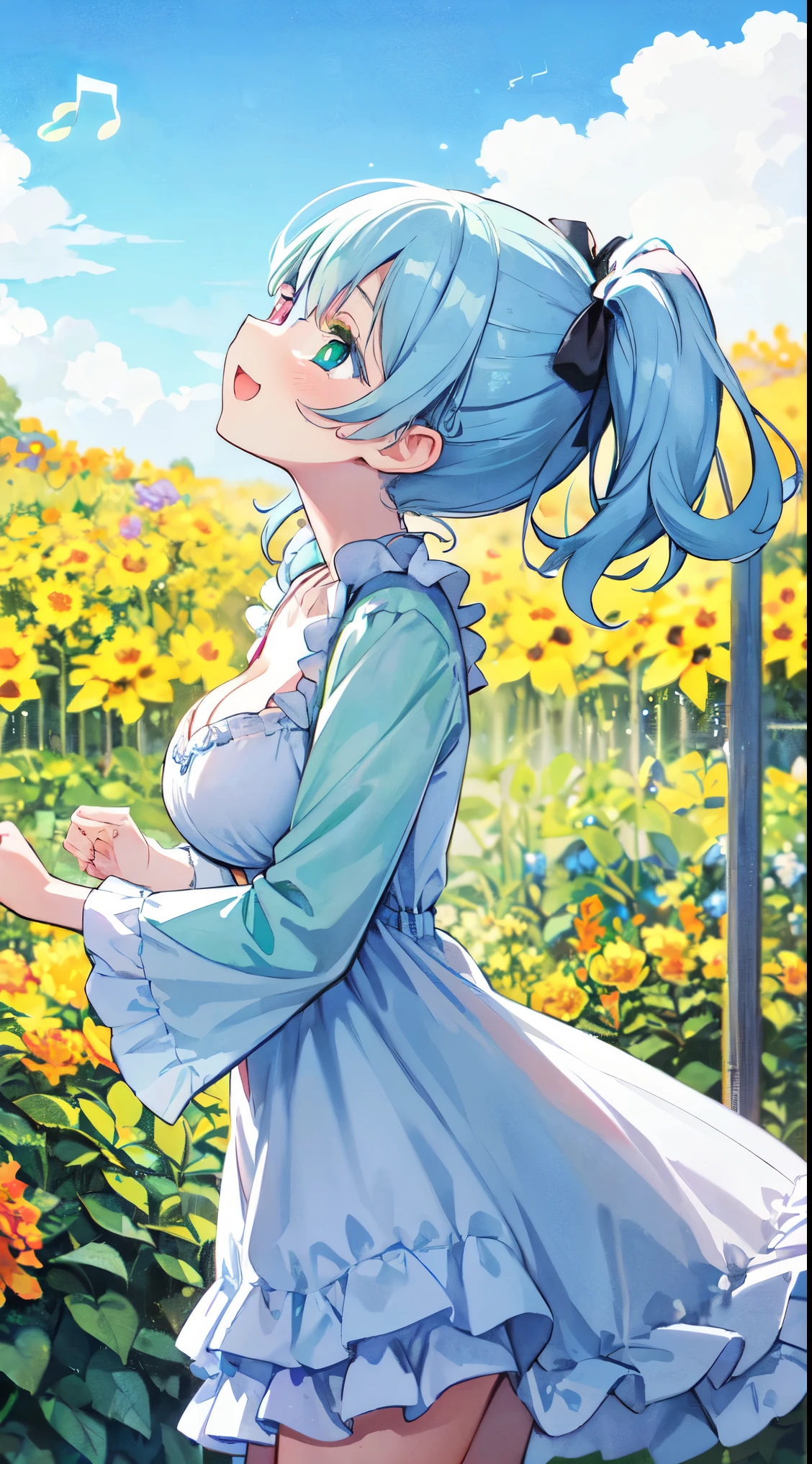 (super fine illustration:1.2),(masterpiece, 8k), (best quality, high quality:1.4), perfect anatomy, hyper detailed, ultra detailed,masterpiece background,beautiful detailed background, v8k wallpaper,perfect design,award-winning art,atmospheric,
BREAK Beauty 1 Girl,Solo,(Cute:1.5),(Chibi:0.6),(kawaii:1.5),(:0.5),BREAK,(17 yl),Very detailed,colourfull,highest details,Clear skin,Beautiful skin,Shy,Very detailed,colourfull,highest details,BREAK,Clear skin,Beautiful skin,Shy skin,1 beautiful girl,(Heterochromia,blue eyes,green eyes:1.75),star eye silhouette,BREAK (pale blue hair, Medium length:1.4),(side ponytail,A little curly hair,Princess Cut, crossed bangs:1.3),(cleavage of the breast,Big breasts,Beautiful breasts,Large breasts:1.5),(long eyelashes, Double eyelids:1.2),Solo,gleaming skin, Clear skin, Beautiful skin,(best quality face),(Top quality glowing eyes), (The best smile,:D:1.45),
BREAK, (music motif inspired:1.2), white lace, (closed collar long-sleeved blouse:1.2) with frilled and ribbon, a volumey pannier under a (musical note-pattern long dress:1.6) with (lots of layered frills:1.2) and ribbons, (lace ruffle socks:1.2), music-themed accessories, hat, platform shoes,BREAK, (flower garden:1.8), (magic circle:1.3), (fantasy:1.5), (long shot:1.5), Midday, (light rays:1.2), lights, blue sky, wind, fluttering petals, illusion effect, magic effect,
BREAK,wakame,wakame,wakame,(looking up,from front:1.5)
BREAK wakame,wakame,wakame,(cowboy shot,from side:1.4), BREAK manga illustration.media,manga style,(water color:1.15),