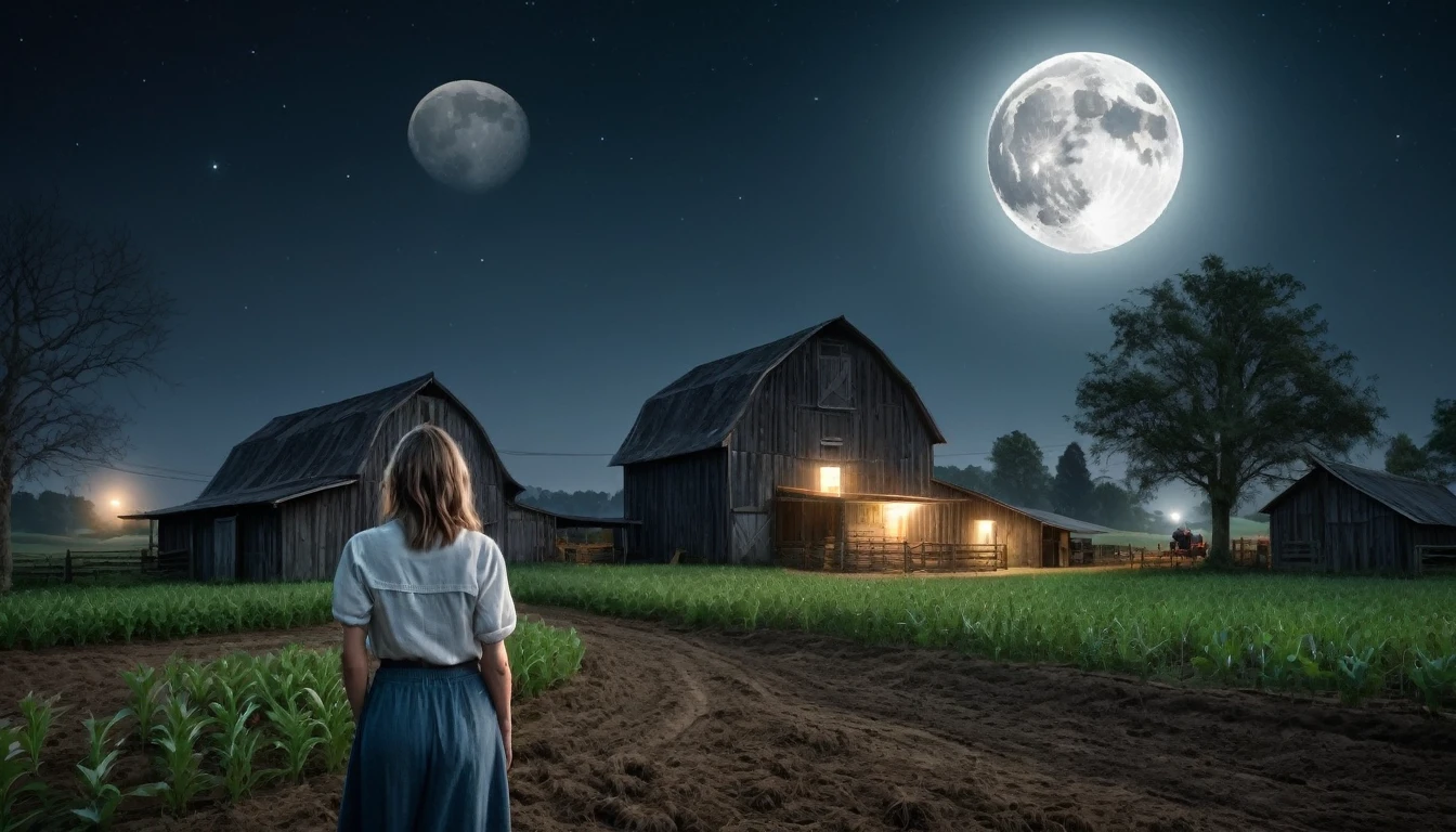 Image of a farm with a scared woman in front of the farm , looking at the viewers, the full moon night , PICTURE REALISTIC, high resolution, 8K