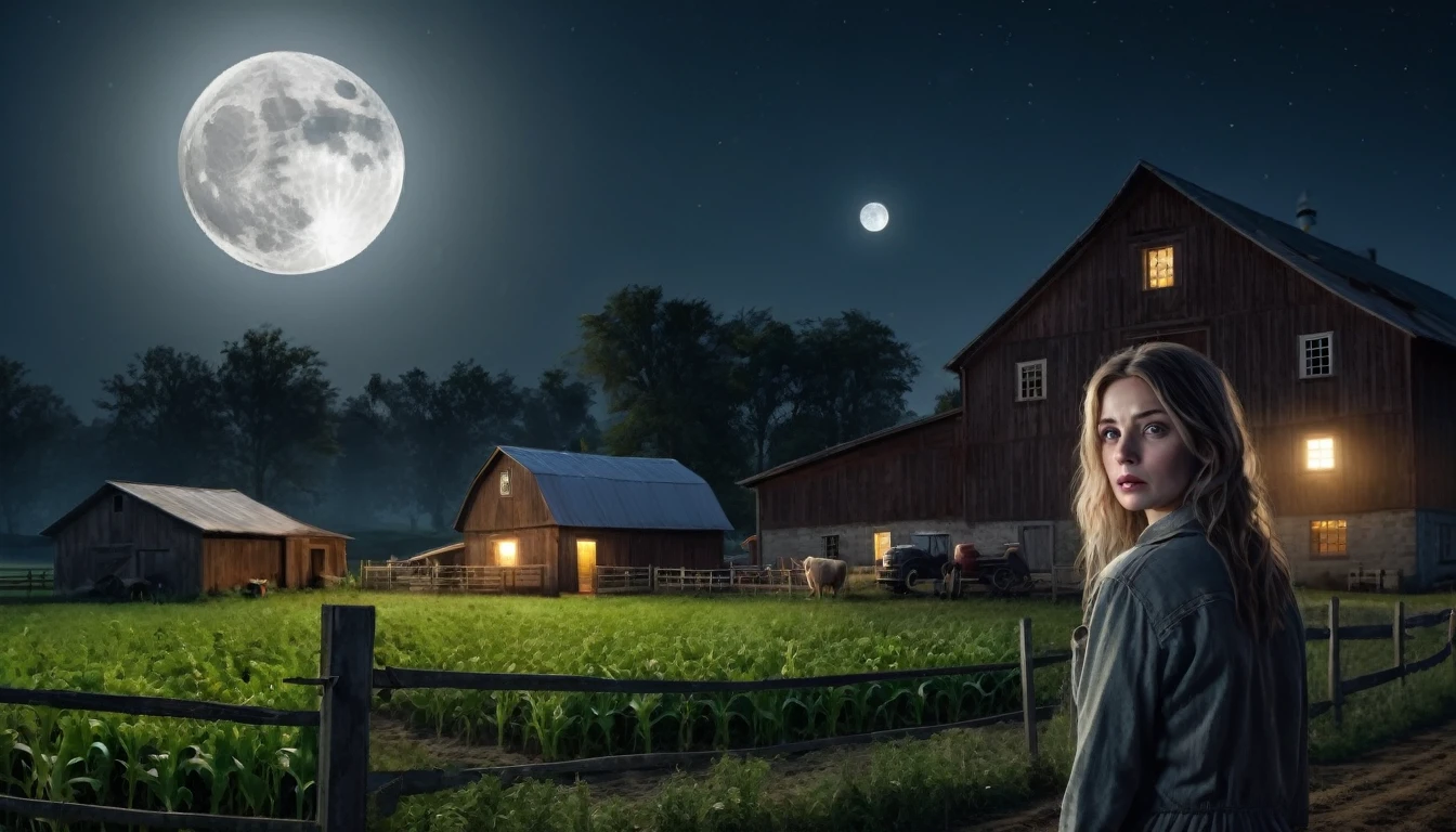 Image of a farm with a scared woman in front of the farm , looking at the viewers, the full moon night , PICTURE REALISTIC, high resolution, 8K