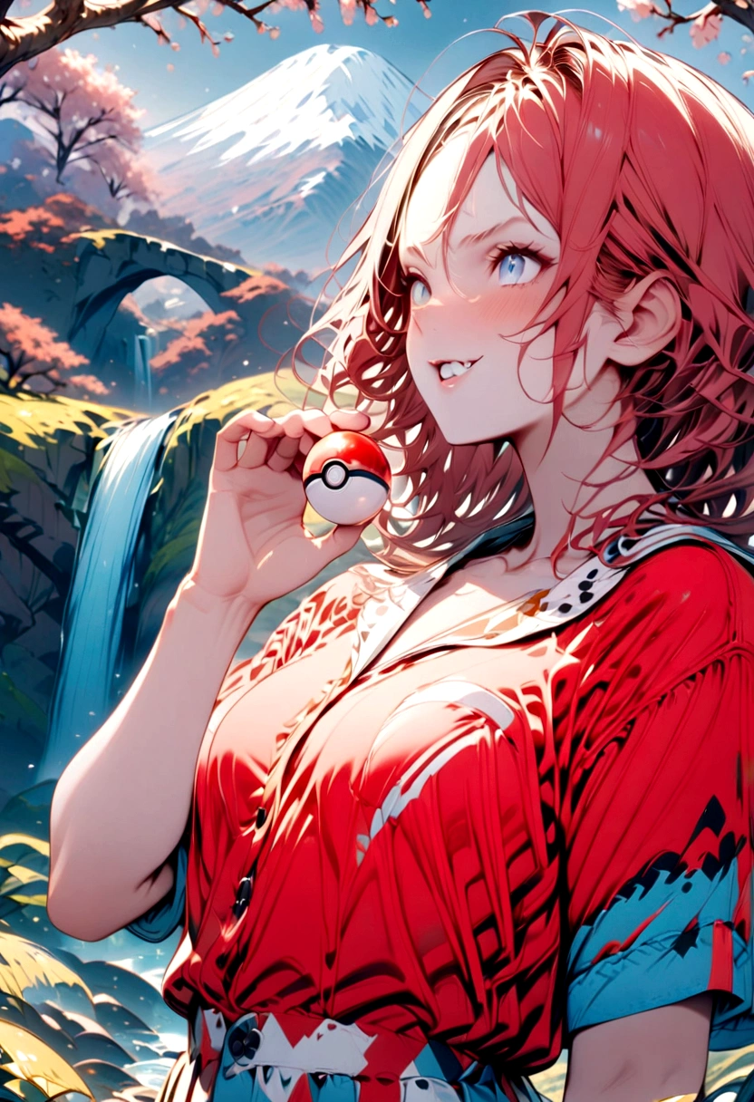 pokemon trainer , Masterpiece , perfect hands,pokeball in hand , Red hair, shark teeth, challenging look , wide , top of a mountain with a waterfall in the background