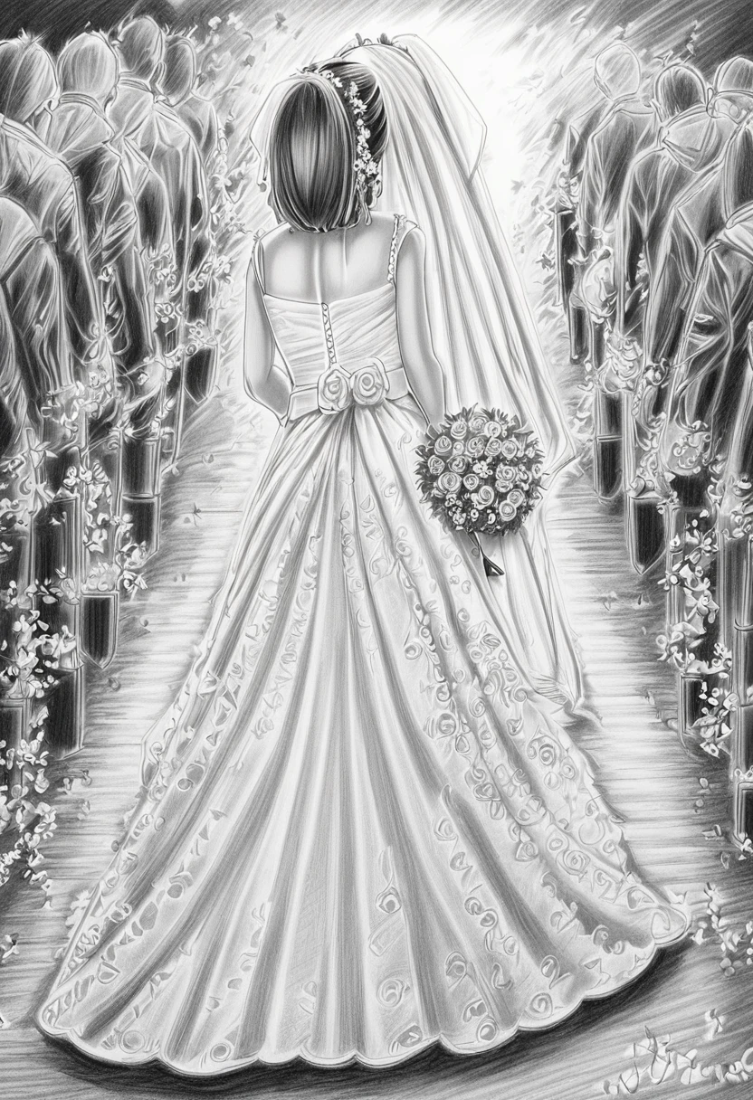 BREAK Perfect Anatomy、(High resolution:1.2)、Incredible illustrations、(Cute illustrations:1.2)、(beautiful ass)（Beautiful background）Bride walking down the aisle　(pencil drawing:3.0)
