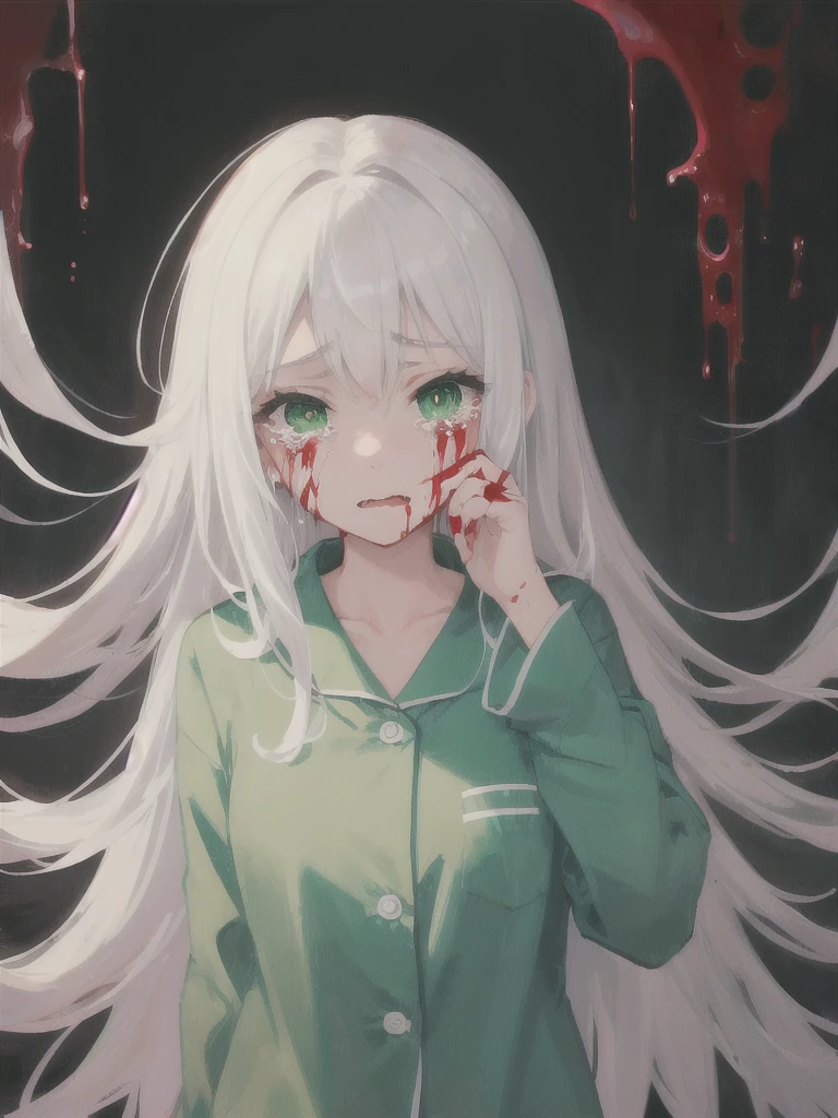 1girl, white long hair, green eyes, green pijamas, blood, scary, tears, black room background, night,
