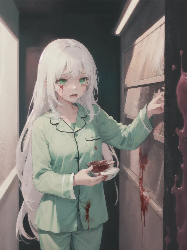 1girl, white long hair, green eyes, green pijamas, blood, scary, tears, black room background, night,