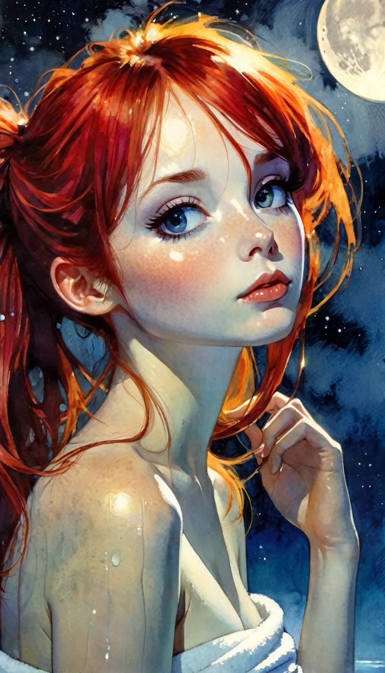 ,(((wrapping_bath_towel))),moonlight,stary_sky,onsen,night,steam,moon,red_hair,beautiful_hair,beautiful_eyes,1_beautiful_girl,cute_face,beautiful,best_quality,good_anatomy,(art inspired by Bill Sienkiewicz ). oil painting)