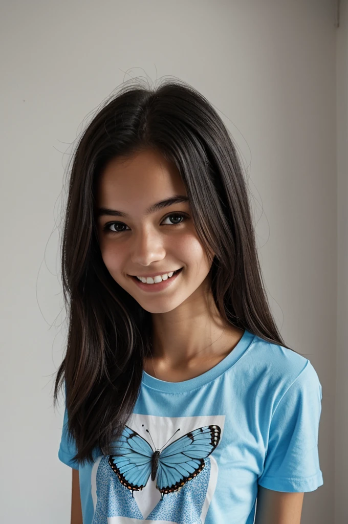 A detailed portrait of an 1 female indian ager. She has a frame, a youthful glow to her complexion, expressive eyes filled with curiosity, and a dimpled smile. She has medium-length hair tied up in a casual ponytail. She is wearing a comfortable stylis t shirt