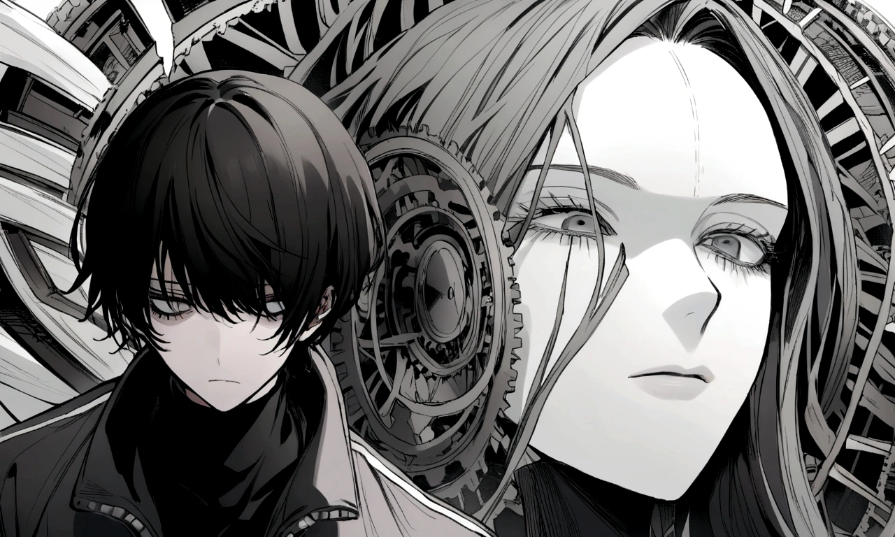 black and white drawing, Clockwork background that looks like a giant woman, A giant clockwork collapsing., 26 year old male 1, black neat hair, a lonely face, wearing gray tracksuit, the machine falls apart.