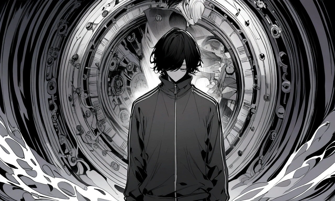 black and white drawing, Clockwork background that looks like a giant woman, A giant clockwork collapsing., 26 year old male 1, black neat hair, a lonely face, wearing gray tracksuit, the machine falls apart.
