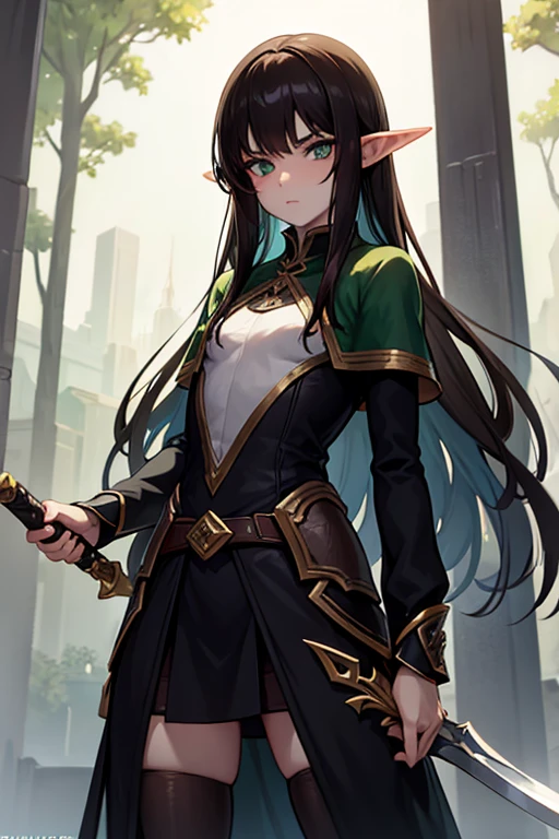 Young elven woman, pale skin, brown hair, a green eyes, black clothes, small, dark fantasy, long ears, bladedancer, pissed, holding a sword