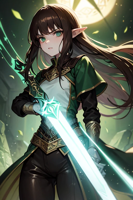 Young elven woman, pale skin, brown hair, a green eyes,  black clothes, small, dark fantasy, long ears, bladedancer, pissed, holding a sword