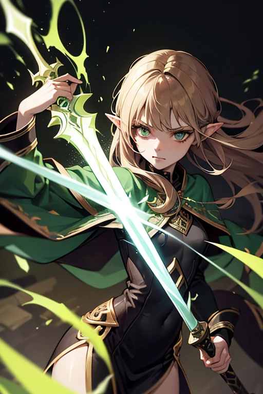 Young elven woman, pale skin, brown hair, a green eyes,  black clothes, small, dark fantasy, long ears, bladedancer, pissed, holding a sword