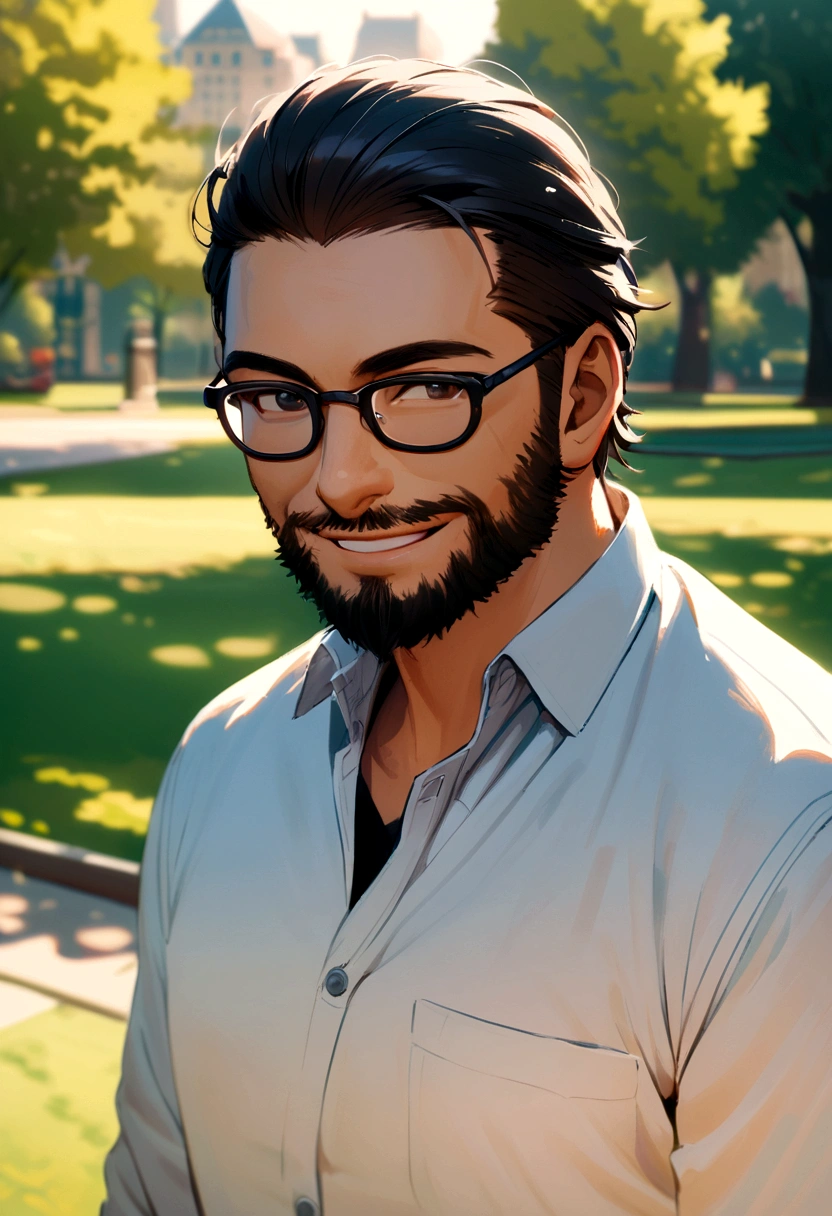 man with short beard smiling wearing glasses with a park in the background