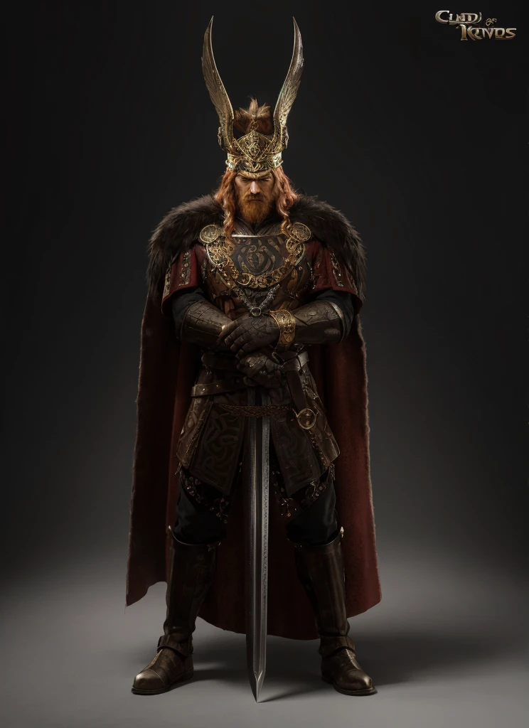 The red-haired Viking king is an imposing figure, with about 1,90 metros de altura, exuding confidence and dominance. His muscular and robust body, carved by years of battles and rigorous training, It's evident even under your clothes. Your angular and strong face, with pronounced cheekbones, is framed by a long red beard braided in some parts with small gold rings. Your red hair, slightly wavy and falling over the shoulders, have some strands braided in an intricate way. Your eyes are a piercing blue, reflecting the ice of the Nordic lands, and convey a determined and wise look, with scars on their faces that tell stories of past battles.
He wears a golden helmet adorned with upward-curving horns and wings., inlaid with runes and Celtic designs. His reinforced leather tunic is decorated with animal skins., on a golden coat of mail, with metal plates protecting the shoulders and chest. A heavy gray wolf fur cloak, fastened with a gold brooch in the shape of an eagle, covers your back. His tough leather pants are protected with metal plates on the knees and shins., and its sturdy boots are lined with fur to protect against the cold.
In your hands, he wields a broadsword with runes engraved on the blade and a hilt adorned with Norse symbols, shining with a silvery reflection. Her gold bracelets on her wrists have intricate designs of serpents and dragons., and he wears a necklace with a pendant in the shape of Thor's hammer, indicating his devotion to Norse gods. Ao fundo, you see a Viking village with wooden houses, surrounded by dense forest and snow-capped mountains. A roaring camp fire and a horde of surrounding Viking warriors complete the majestic scene of this red-haired Viking king..