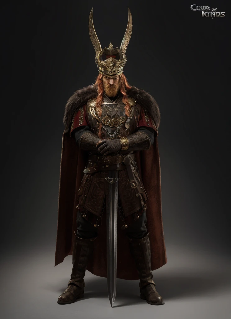 The red-haired Viking king is an imposing figure, with about 1,90 metros de altura, exuding confidence and dominance. His muscular and robust body, carved by years of battles and rigorous training, It's evident even under your clothes. Your angular and strong face, with pronounced cheekbones, is framed by a long red beard braided in some parts with small gold rings. Your red hair, slightly wavy and falling over the shoulders, have some strands braided in an intricate way. Your eyes are a piercing blue, reflecting the ice of the Nordic lands, and convey a determined and wise look, with scars on their faces that tell stories of past battles.
He wears a golden helmet adorned with upward-curving horns and wings., inlaid with runes and Celtic designs. His reinforced leather tunic is decorated with animal skins., on a golden coat of mail, with metal plates protecting the shoulders and chest. A heavy gray wolf fur cloak, fastened with a gold brooch in the shape of an eagle, covers your back. His tough leather pants are protected with metal plates on the knees and shins., and its sturdy boots are lined with fur to protect against the cold.
In your hands, he wields a broadsword with runes engraved on the blade and a hilt adorned with Norse symbols, shining with a silvery reflection. Her gold bracelets on her wrists have intricate designs of serpents and dragons., and he wears a necklace with a pendant in the shape of Thor's hammer, indicating his devotion to Norse gods. Ao fundo, you see a Viking village with wooden houses, surrounded by dense forest and snow-capped mountains. A roaring camp fire and a horde of surrounding Viking warriors complete the majestic scene of this red-haired Viking king..