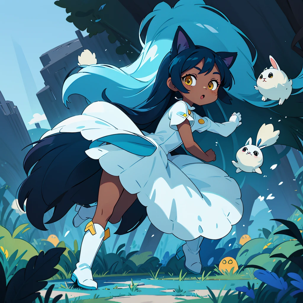 A dark-skinned black , with long, voluminous blue hair, yellow  eyes, a white dress and blue boots make her run after a furry white rabbit 