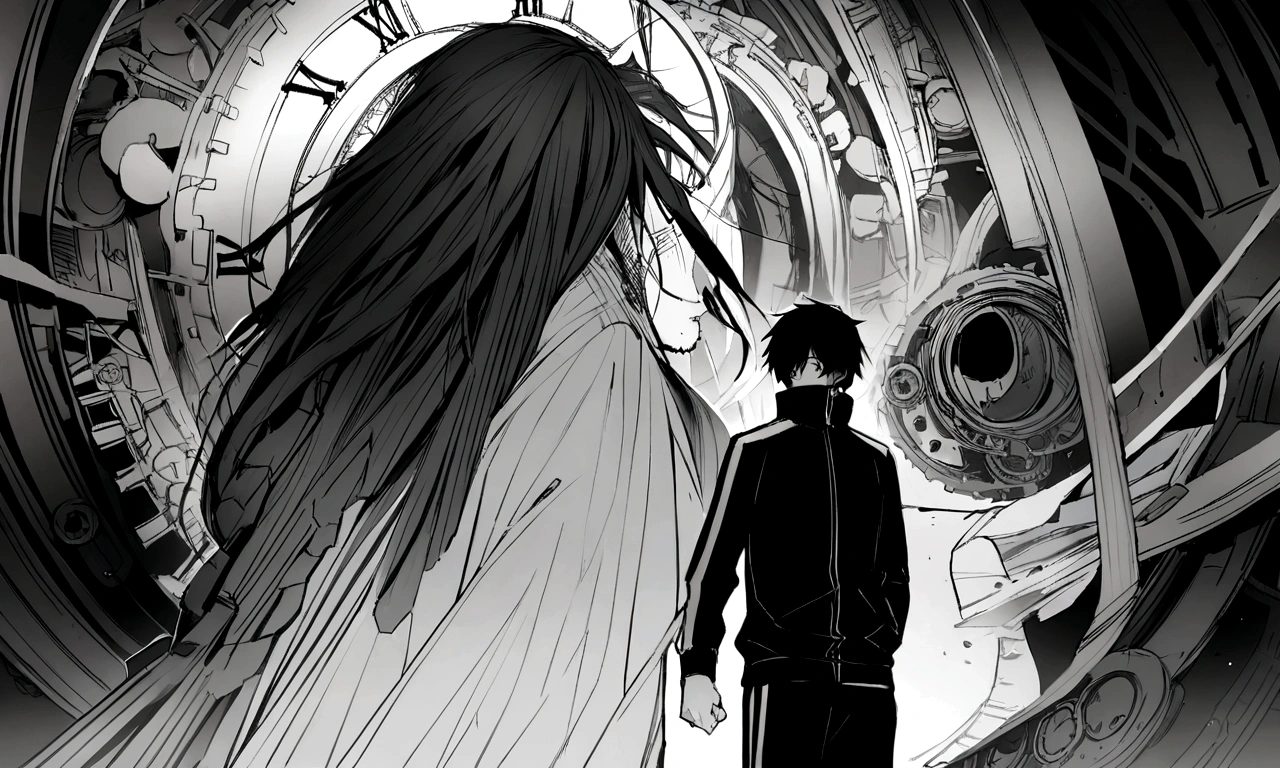black and white drawing, Clockwork background that looks like a giant woman, A giant clockwork collapsing., 26 year old male 1, black neat hair, wearing gray tracksuit, Slump
