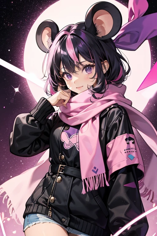 she is a black girl mouse with hair purple with pink streaks She has black eyes and wears a pink scarf. SPARKLE; GLITTER