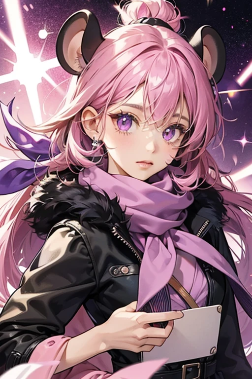 she is a black girl mouse with hair purple with pink streaks She has black eyes and wears a pink scarf. SPARKLE; GLITTER