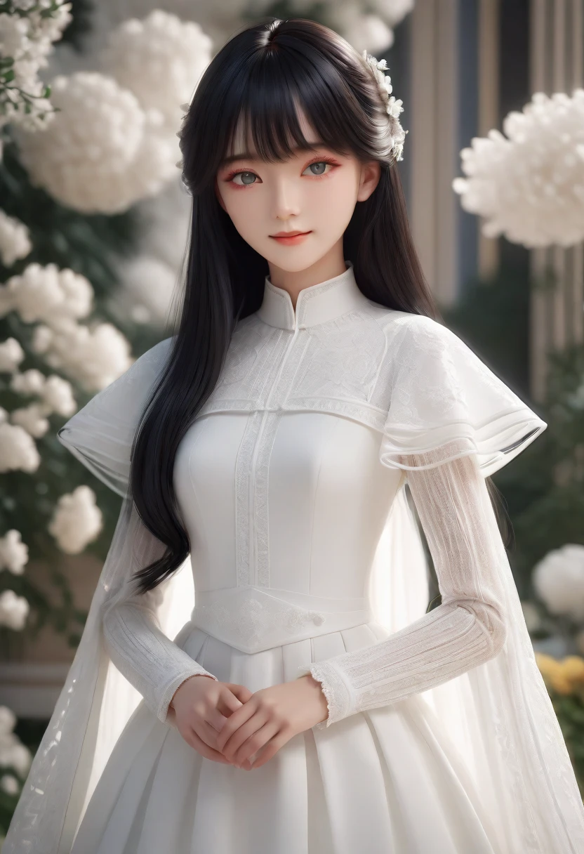 Blonde girl in white dress, A surprisingly young and mysterious person, photorealistic anime girl render, Soft and fantastic lighting, Stylized portrait formal pose, anime. Soft lighting, Elegant digital art, Soft 3D Rendering, Elegant cinematic pose, Soft Portrait, Subtle, soft, hazy lighting, Smooth 3D CG Rendering, beautiful Soft lighting,(close up face), (adolescence girl), small smile, (white detailed princess dress), a lot of frills, frilly long sleeves, white lace cape, beautiful tender eyes symmetrical, (beautiful and detailed face), beautiful long black hair, blunt bangs, nice hands, perfect hands, (palace garden)