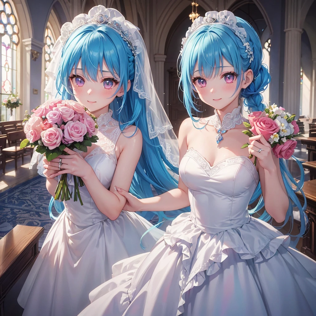 Sky blue hair, (Braided Ponytail),(Pink Eyes),Fair skin ,(whole body),(One girl),bride,A big smile,Straight bangs, 6月のbride,Wedding dress,(masterpiece, Highest quality, Very detailed, Best Shadow), (Detailed Background), (Beautifully detailed face), High Contrast, (Best lighting, Very delicate and beautiful), ((Cinematic Light)), colorful, Hyper Detail, Dramatic Light, Intricate details,Chapel background,Bouquet of roses,Ring on left ring finger,