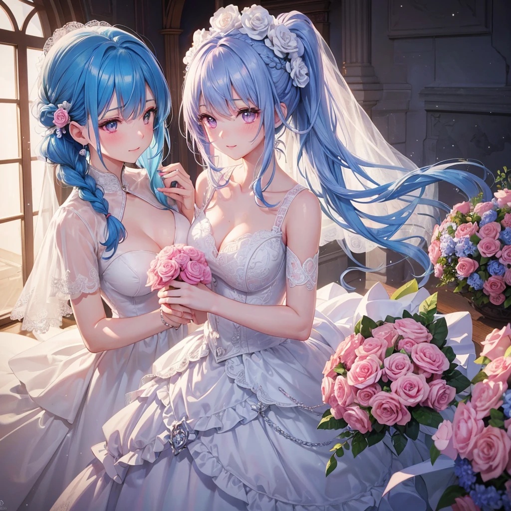 Sky blue hair, (Braided Ponytail),(Pink Eyes),Fair skin ,(whole body),(One girl),bride,A big smile,Straight bangs, 6月のbride,Wedding dress,(masterpiece, Highest quality, Very detailed, Best Shadow), (Detailed Background), (Beautifully detailed face), High Contrast, (Best lighting, Very delicate and beautiful), ((Cinematic Light)), colorful, Hyper Detail, Dramatic Light, Intricate details,Chapel background,Bouquet of roses,Ring on left ring finger,