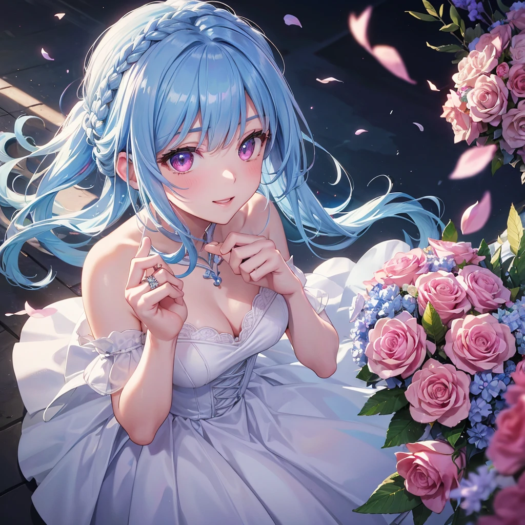 Sky blue hair, (Braided Ponytail),(Pink Eyes),Fair skin ,(whole body),(One girl),bride,A big smile,Straight bangs, 6月のbride,Wedding dress,(masterpiece, Highest quality, Very detailed, Best Shadow), (Detailed Background), (Beautifully detailed face), High Contrast, (Best lighting, Very delicate and beautiful), ((Cinematic Light)), colorful, Hyper Detail, Dramatic Light, Intricate details,Chapel background,Bouquet of roses,Ring on left ring finger,