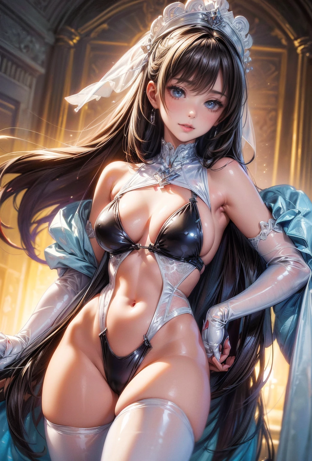 nsfw、(masterpiece, Highest quality, Super detailed:1.3), Perfect composition, 4K, (Very detailed, Super detailed),(Angle from directly below the girl:1.5), Ultra-thin white latex swimsuit、White sheer long latex gloves、Transparent long latex tights,(The skin is slightly visible)、 High resolution, 8k Texture, Attention to detail, Very detailed肌の質感, Magnificent details, High Sharpness, One girl, (Fine grain:1.3), (25-year-old woman:1.3),（A smile that lowers the corners of the eyeouth showing teeth、Bright Beach