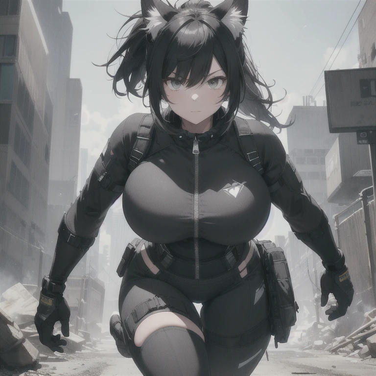 Absurd resolution, high resolution, (masterpiece: 1.4), hyper-detail, full body shot, solo, 1 kemono feline cat woman, humanoid, no skin other than neck and head shown, black hair, messy ponytail, cute face, detailed soft grey eyes, huge massive hyper super swollen heavy breasts, breasts so big that cover her whole torso and are bigger than her head while being so big they reach her belly button, extremely super large swollen perky heavy bust, super huge enormously gigantic tits, gigantic bursting out of her top, inflated breasts, breasts_expansion, super gigantic swollen tits, wide full hips, narrower torso and shoulders, smaller torso, full thicc big soft thighs, big rounded full soft butt, ruggedized utility styled outfit, fully insulated suit, full body outfit coverage with no skin showing or revealed, scifi monochrome black and grey fullbody covering protective padding rugged loose-fitted pilot utility suit, white zipped utility cropped top for breasts support with a black strap horizontal across cleavage worn on top of suit, tactical strategic angular-patterned protective padding on hips and thighs and abdomen, practical/functional clothing, weather-proof durable clothing material, nylon clothing material, custom made clothing to fit and support large breasts, scifi padded rugged rigid high collar techwear jacket, armored high collar, white and black triangular decals and techwear iconography on apparel and clothing, techwear gloves, arm mounted strapped display scifi tablet/communication device/computer, ruggedized tech, ruggedized tech aesthetic, fitted utility pants, utility chaps, near future scifi, cyberpunk aesthetic, anime aesthetic