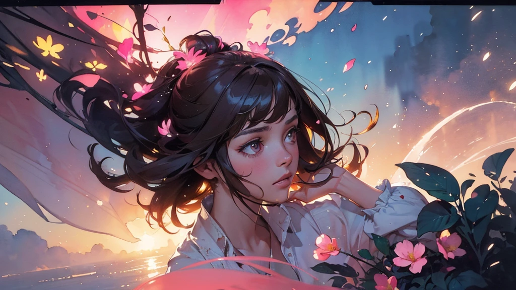 32k, Masterpiece, Highest quality, One girl, Brown Hair, Detailed eyes, flower,Freesia, Pink and navy style,A dreamy, romantic piece,Pale yellow, Mysterious Leaves,A playful arrangement,Fantasy,High Contrast,Ink strokes,explosion,Exposure, Impression of pink and navy tones,Abstract,((Watercolours by John Berkey and Jeremy Mann )) Brush strokes,Negative Space, Tyndall effect,