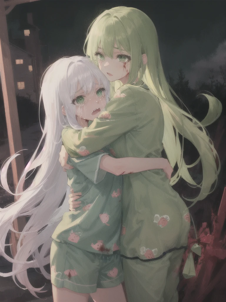 1girl, white long hair, green eyes, green pijamas, blood, scary, tears, outdoor background, night,