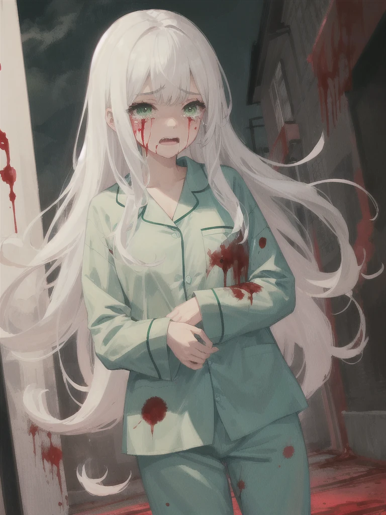1girl, white long hair, green eyes, green pijamas, blood, scary, tears, outdoor background, night,
