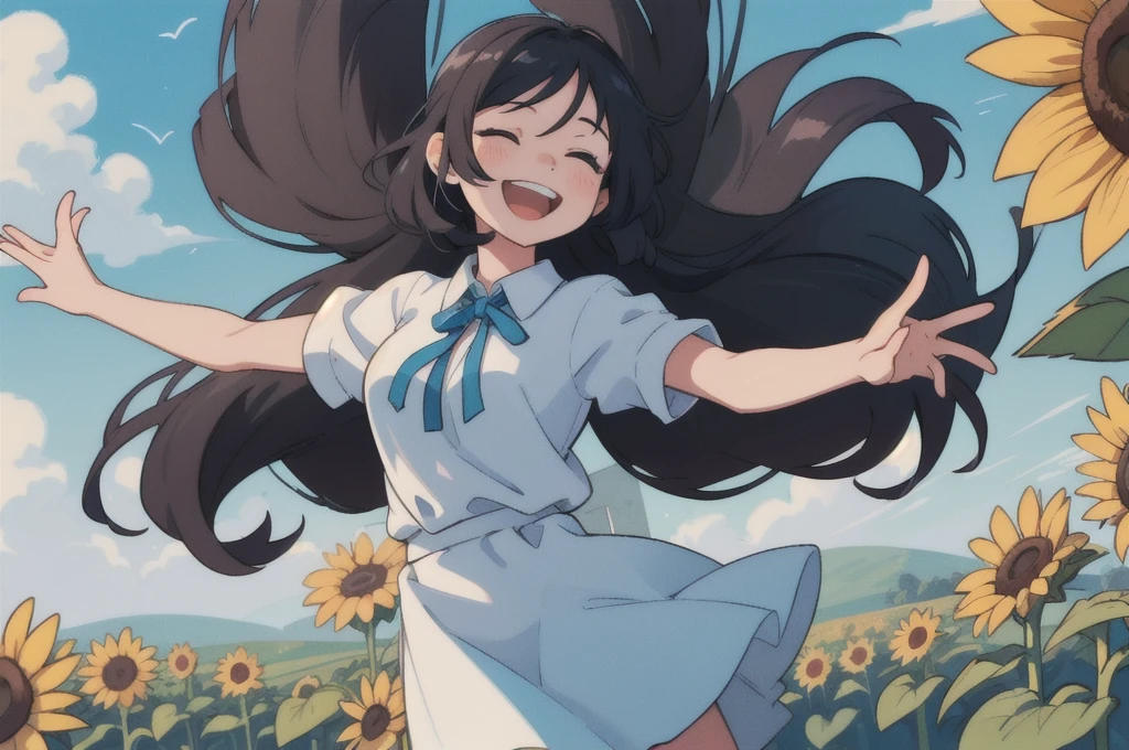 1girl with a very long hair, hair over eyes, black hair, blue eyes, closed eyes, laughing, smile, open arms, windmill, sunflower camp scenery, light colors, dappled sunlight, warm,