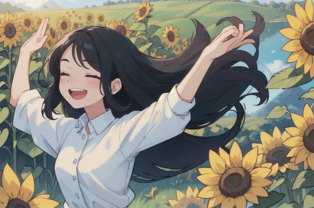 1girl with a very long hair, hair over eyes, black hair, blue eyes, closed eyes, laughing, smile, open arms, windmill, sunflower camp scenery, light colors, dappled sunlight, warm,