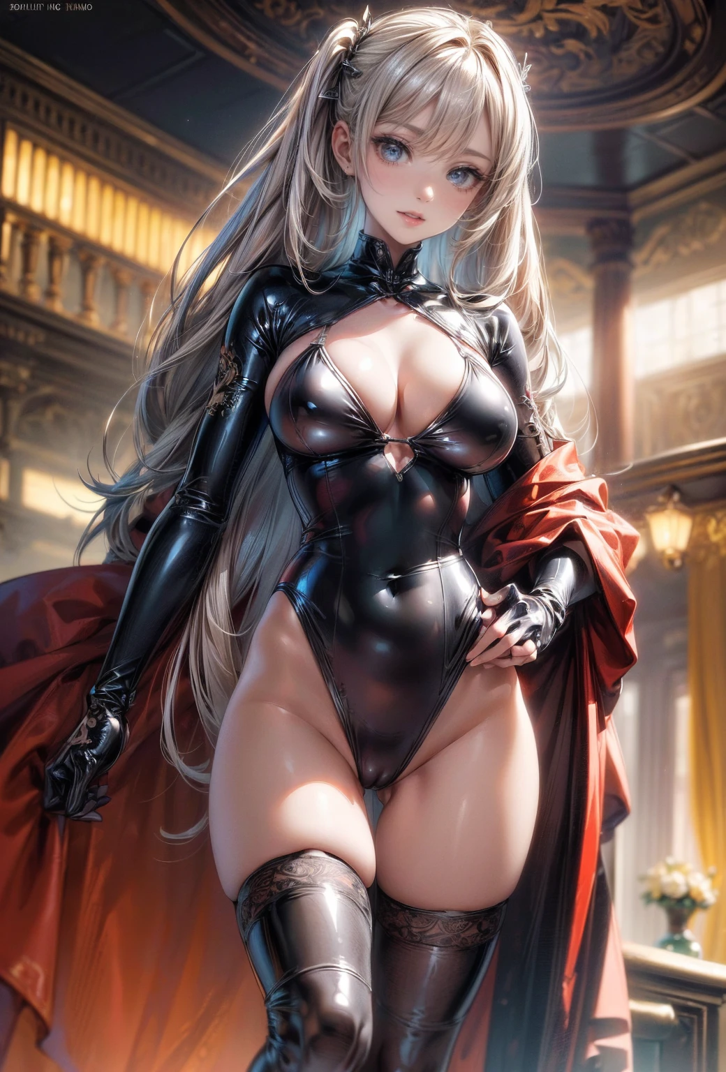 nsfw、(masterpiece, Highest quality, Super detailed:1.3), Perfect composition, 4K, (Very detailed, Super detailed),(Angle from directly below the girl:1.5), Ultra-thin latex swimsuit、White sheer long latex gloves、Transparent long latex tights,(The skin is slightly visible)、 High resolution, 8k Texture, Attention to detail, Very detailed肌の質感, Magnificent details, High Sharpness, One girl, (Fine grain:1.3), (25-year-old woman:1.3),(A smile that lowers the corners of the eyeouth showing teeth、Bright Beach