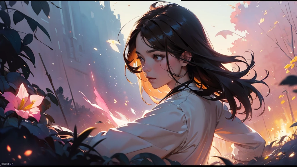 32k, Masterpiece, Highest quality, One girl, Brown Hair, Detailed eyes, flower,Freesia, Pink and navy style,A dreamy, romantic piece,Pale yellow, Mysterious Leaves,A playful arrangement,Fantasy,High Contrast,Ink strokes,explosion,Exposure, Impression of pink and navy tones,Abstract,((Watercolours by John Berkey and Jeremy Mann )) Brush strokes,Negative Space, Tyndall effect,
