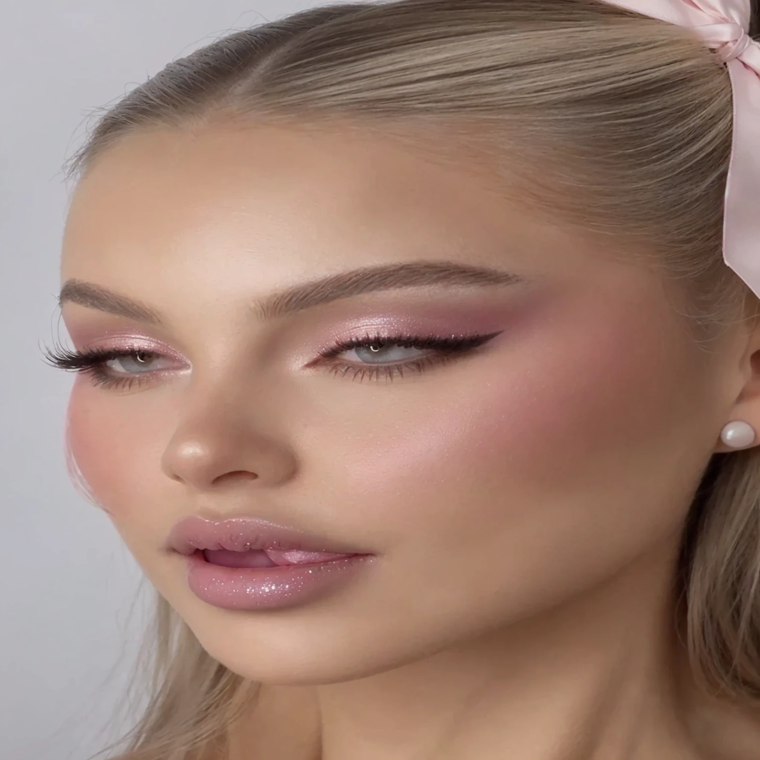 Close-up of a woman with a pink bow on her head, sexy face with full makeup, soft makeup, pastel makeup, subtle makeup, sensual look, glossy eyes, bright pink eyes, bright pink face, delicate pale pink lips, with professional makeup, thick and elegant makeup, light makeup, Pop makeup style, glossy lips, subtle makeup, glossy
