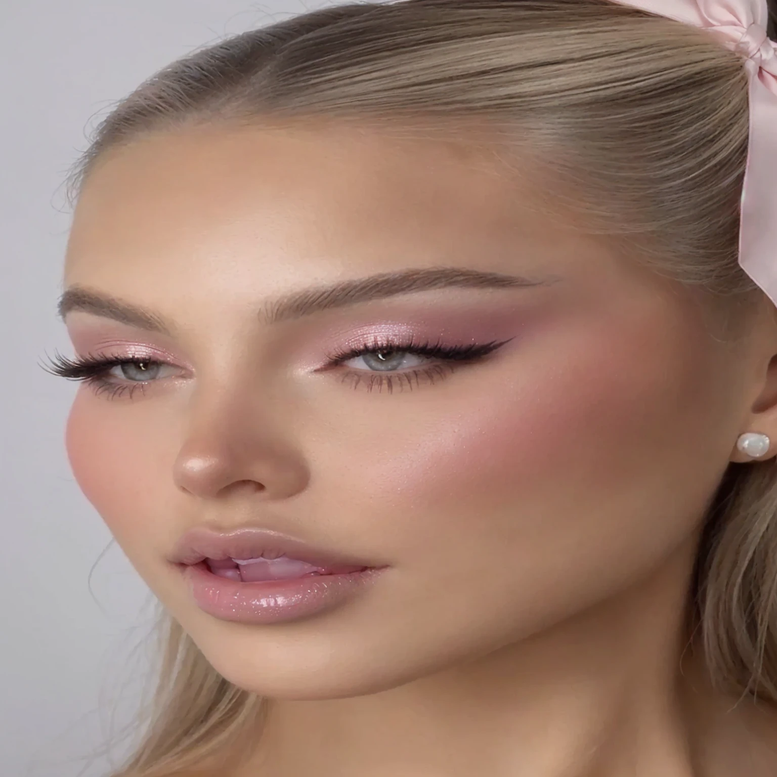 Close-up of a woman with a pink bow on her head, sexy face with full makeup, soft makeup, pastel makeup, subtle makeup, sensual look, glossy eyes, bright pink eyes, bright pink face, delicate pale pink lips, with professional makeup, thick and elegant makeup, light makeup, Pop makeup style, glossy lips, subtle makeup, glossy
