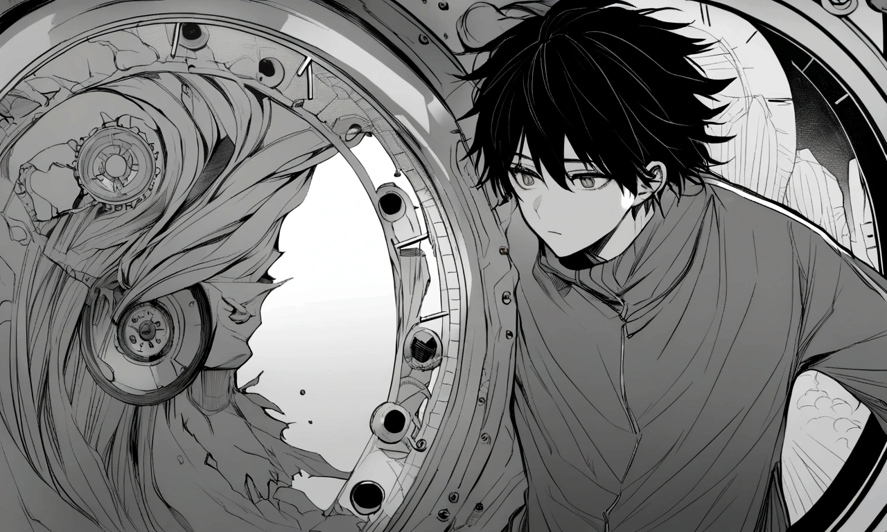 black and white drawing, Clockwork background that looks like a giant woman, Background of a huge clockwork collapsing, The clockwork is collapsing., 26 year old male 1, black neat hair, wearing gray tracksuit, Slump