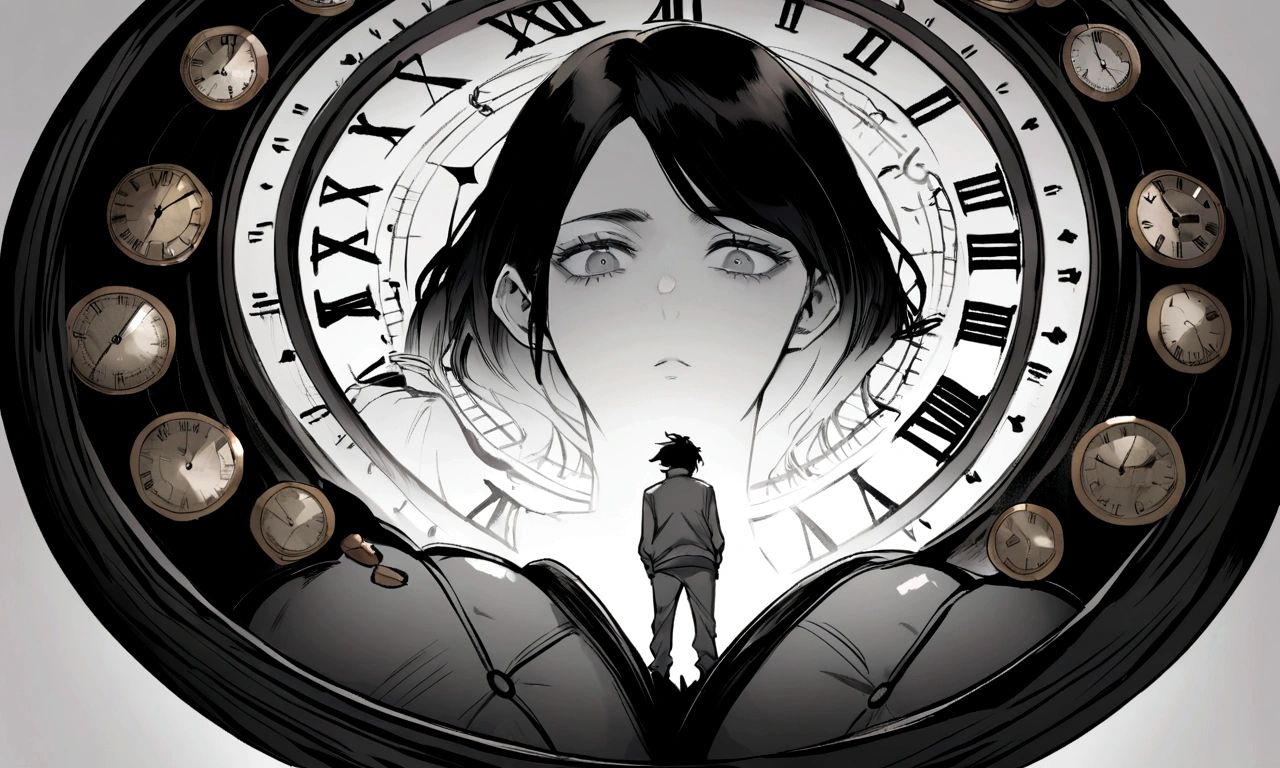 black and white drawing, Clockwork background that looks like a giant woman, Background of a huge clockwork collapsing, The clockwork is collapsing., 26 year old male 1, black neat hair, wearing gray tracksuit, Slump