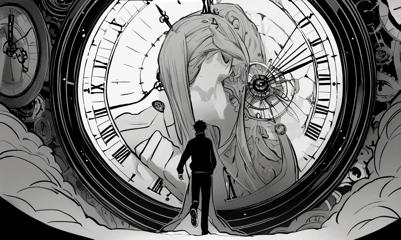 black and white drawing, Clockwork background that looks like a giant woman, Background of a huge clockwork collapsing, The clockwork is collapsing., 26 year old male 1, black neat hair, wearing gray tracksuit, Slump