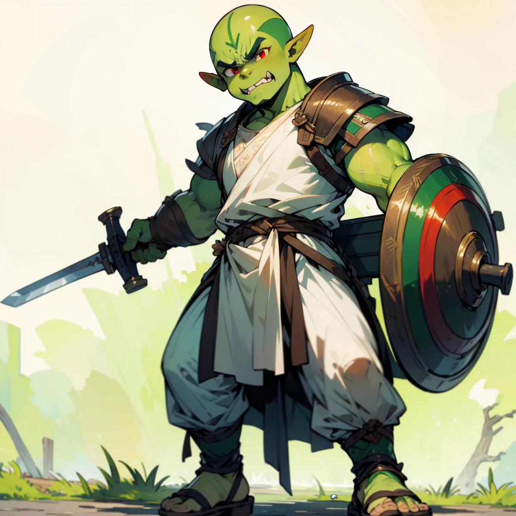 1**********s orc, orc version, Full body version, red eyes, green colour skins, angry eyes, bald hairstyle, angry expression, ancient Greek clothing, ancient Greek sandals, wood sword in hand, small shield wood, wood armor vest, Grassroots background in forest 