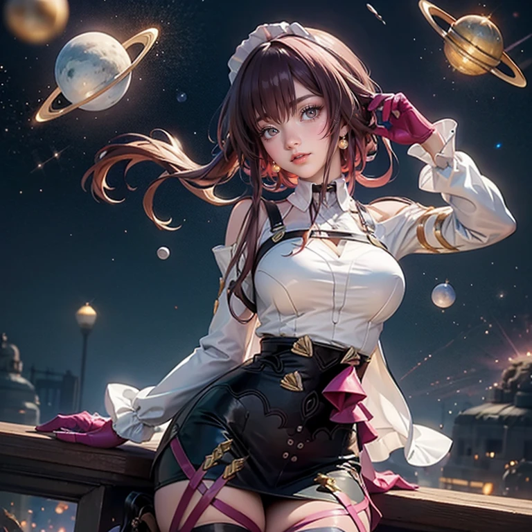 Kafka_(honkai: star rail), medium hair, flowing hair, floating hair, ornament hair, perfectly body, perfectly hands, maid tiara on hair, maid, maid dress, maid headdress, maid apron, white apron, white apron, white headdress, 1girl, white maid dress, jewelry, pigtails hair, flowing hair, long hair, maid dress with a short skirt and layers, white laces, white boots, white dress with transparency, gold details on her clothes, cat ears, animal ears, more details, perfectly body, perfectly hands, two hands, two legs, two arms, five fingers, glowing hair, best quality, cat ears, animal ears, tail ornament, tail bow, white gloves, two cat tail, white gloves, alone, maid headdress, choker, detached sleeves, maid dress, maid white dress, strapless, masterpeice, best quality, detailed face, night, asymmetrical gloves, bangs, white short skirt , white gloves, white boots, earrings, elbow gloves, fishnet thighhighs, fishmasterpeice, solo, best quality, detailed face, gloves, green eyes, green hair, hair between eyes, jewelry, long hair, looking at viewer, single earring, sky, sleeveless, solo, thigh boots, thighhighs, tongue, tongue out, uneven gloves, cat ears, animal ears, cat tail, , solo, alone, Looking at the viewer, More details on the clothes, space scenery, maid, maid dress, magenta details, magenta roses, maid headdress, maid apron, pigtails, long hair, seat on the Saturn rings, bats details on her clothes, more details on her clothes, gold details on her clothes, space, smiling, standing her hand to a viewer, looking at the viewer, in the background a several asteroids glowing with fiery auras, Dramatic lighting from distant stars and planets illuminates the scene, looking at the vast and mysterious universe, cowboy shot, upper body portrait, more details, sparkle,